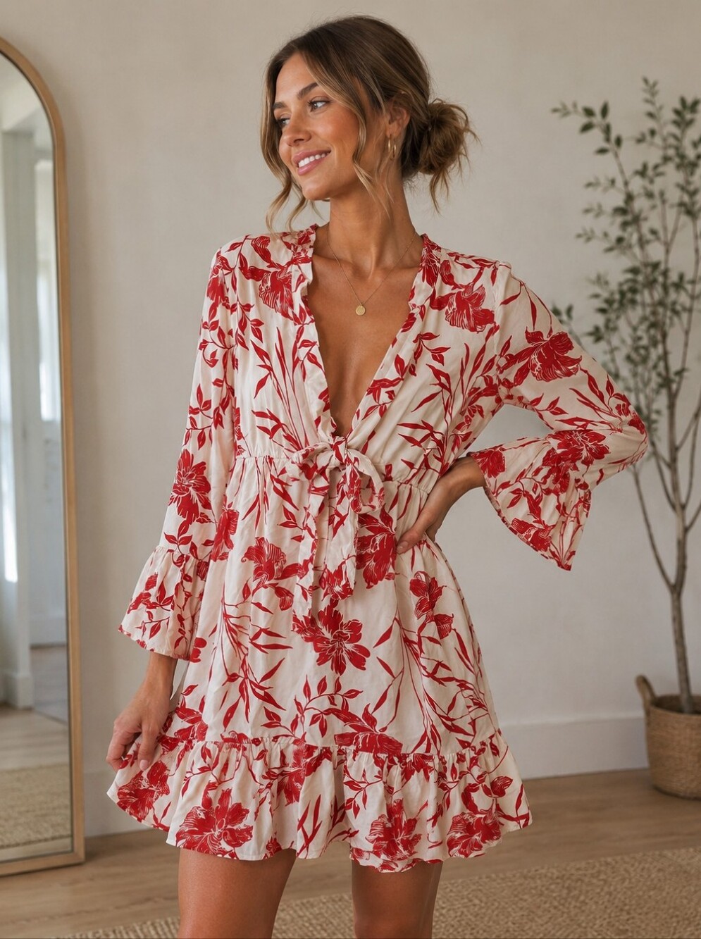 Arkitect floral print mini dress features a plunging V-neckline
